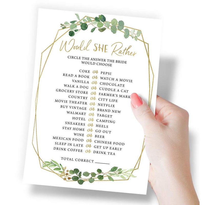 Printed Party Bridal Shower Games â€“ Would She Rather Game with Fun Bride-to-Be Trivia, Wedding Shower Activity, Botanical Greenery Theme, 50 Guests - Image 2